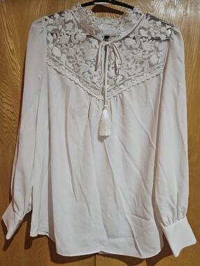 Free People Cream Lace Yoke Tassel Tie Blouse